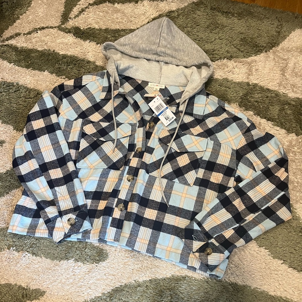 Juniors’ Hooded Flannel Shirt Jacket